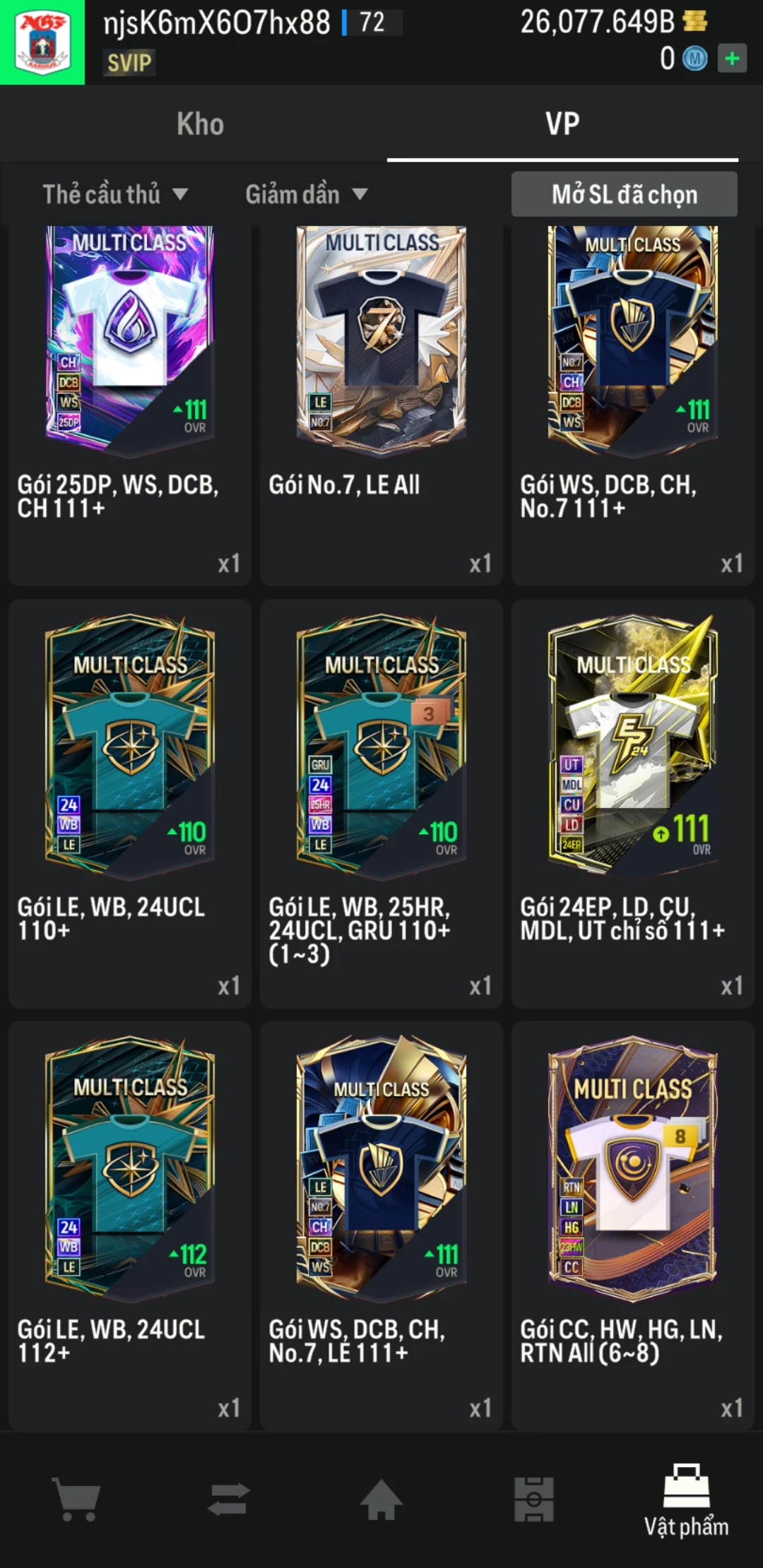 Ảnh ACC mở thẻ (LOẠI SVIP) bao gồm 1 gói thẻ +12 và 500+ đến 600+ thẻ cầu thủ từ Siêu sao đến Miền núi các loại. Có sẵn BP trắng trong acc từ 18.000 tỷ BP đến 26.000 tỷ BP, kèm theo nhiều ngày SVIP